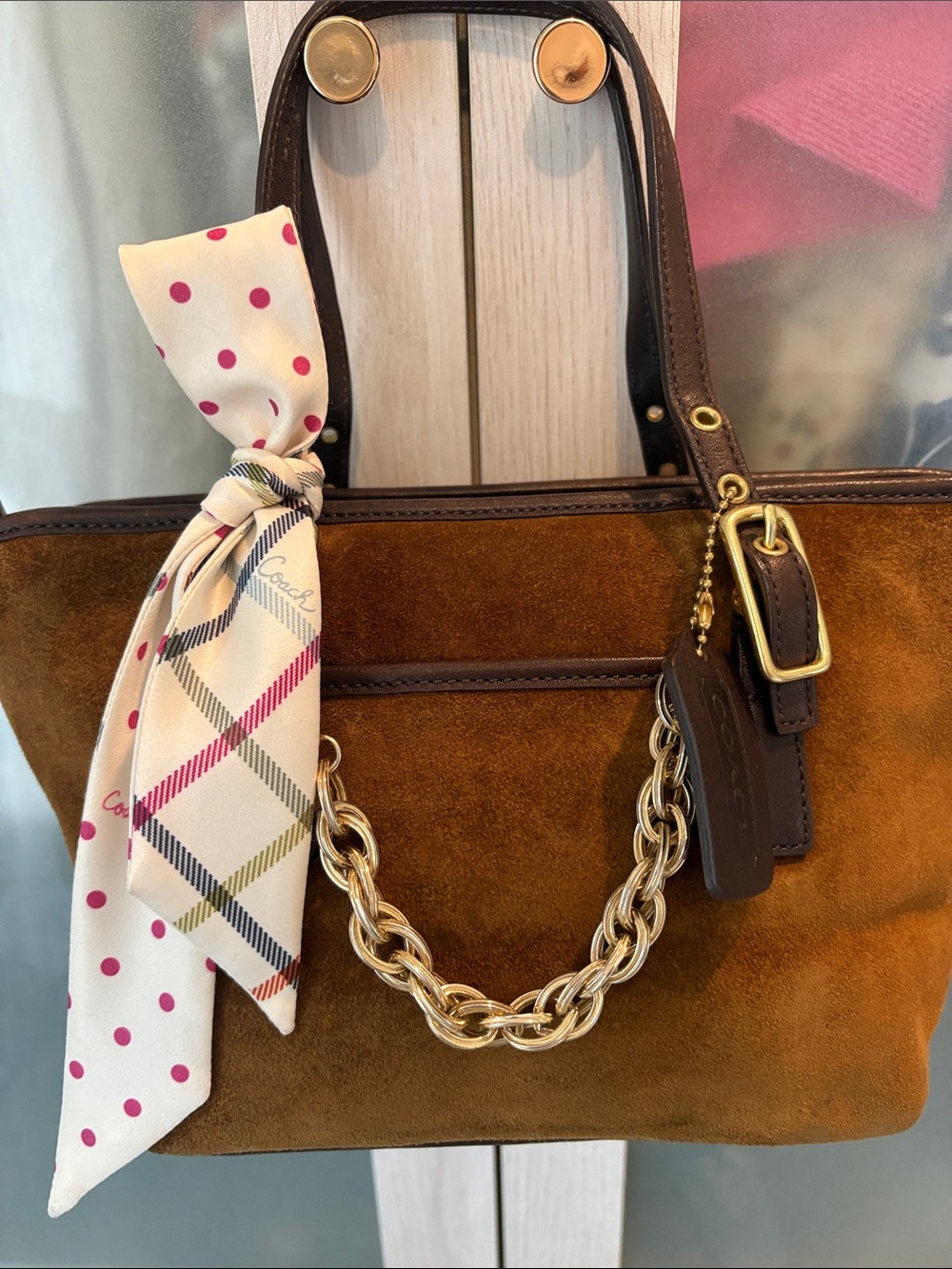 Coach Brown Suede Satchel with Gold Chain and Polka Dot Scarf